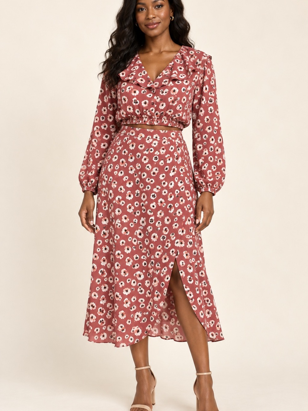 C Floral Midi Skirt in Dusty Rose and White